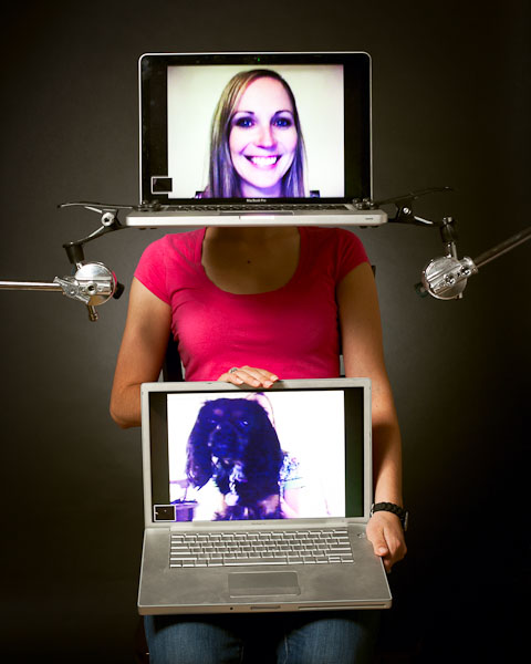 austin portrait photographer girl whose face and dog are represented by laptops